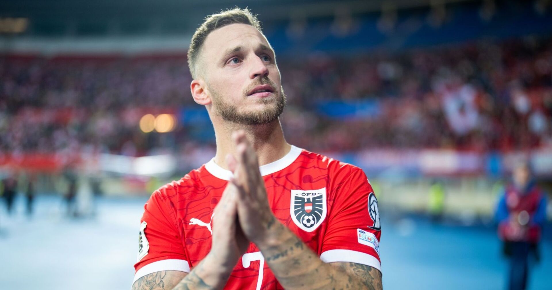 Marko Arnautovic (mit 45 Toren der neue Rekordtorschütze in der Nationalmannschaft) am Donnerstag, 09. Oktober 2025, nach Ende des Spiels zur WM-Qualifikation, Gruppe H, 7. Runde, zwischen Österreich und San Marino in Wien