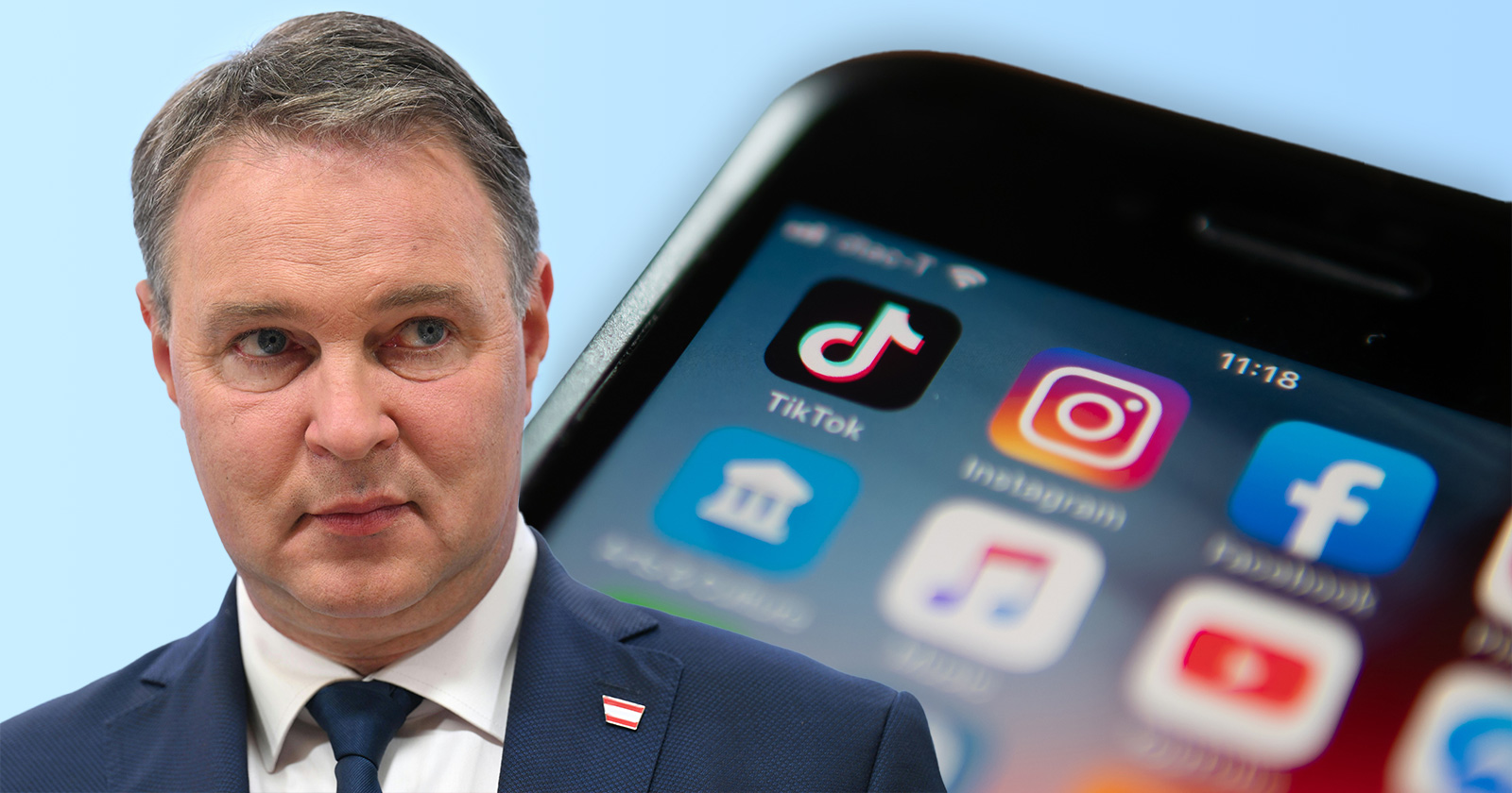 Medienminister Andreas Babler im Porträt, im Hintergrund Großaufnahme eines Handys mit den Icons der Social Media Plattformen TikTok, Instagram und Facebook