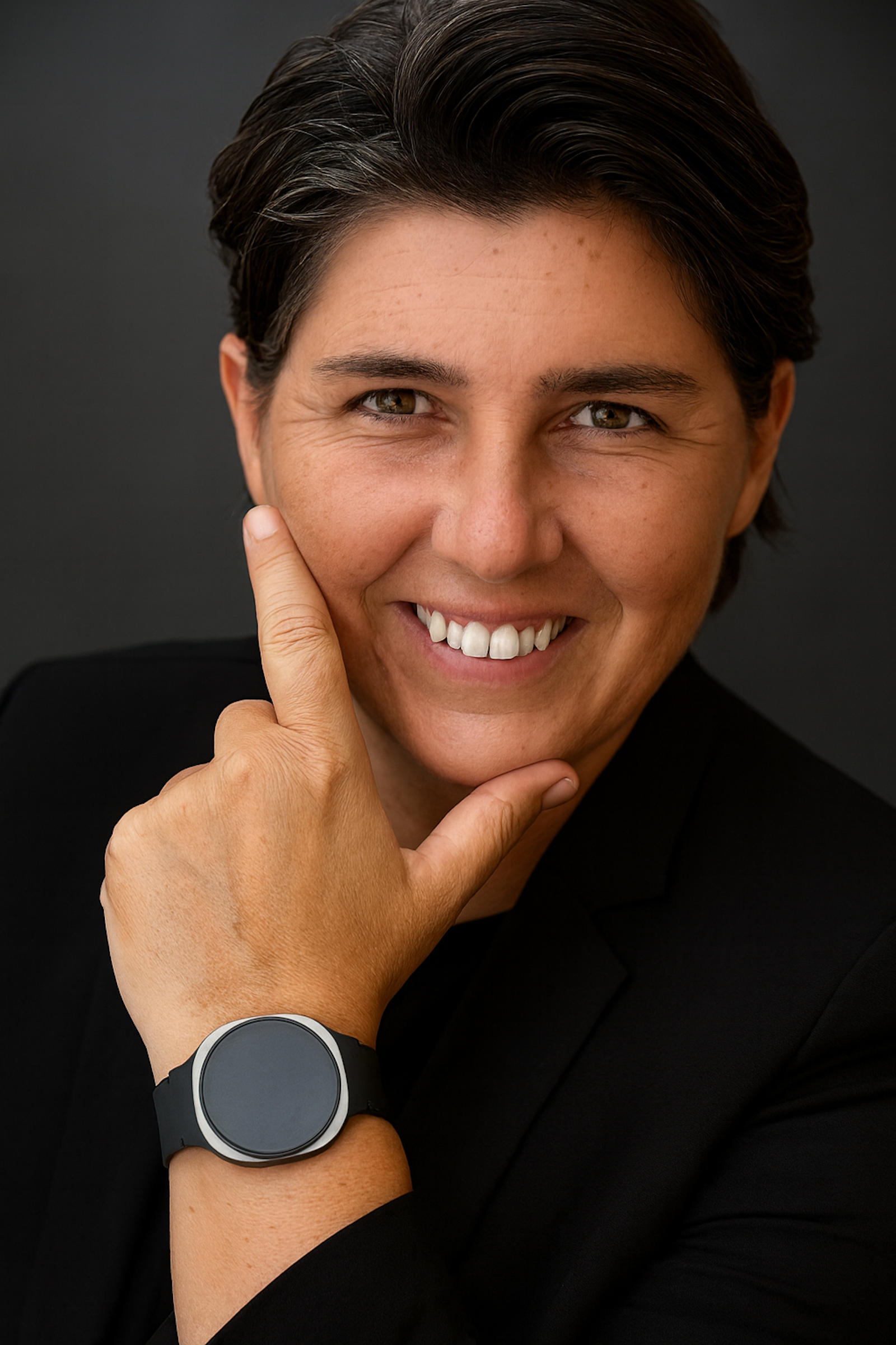 Schlafcoachin Melanie Pesendorfer hält sich die Hand an das Kinn