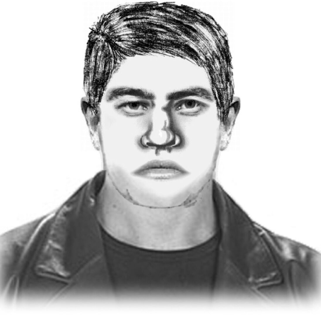 Eine schwarzweiße Zeichnung eines jungen Mannes mit großer Nase und enganliegenden Ohren, er trägt ein dunkles Shirt und eine Lederjacke