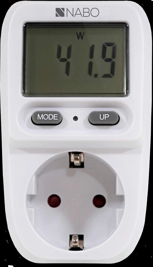 Weißes Nabo Energiekostenmessgerät mit digitalem Display, zeigt 41,9 Watt an; Steckdose mit Tasten für Mode und Up zur Messung des Stromverbrauchs.