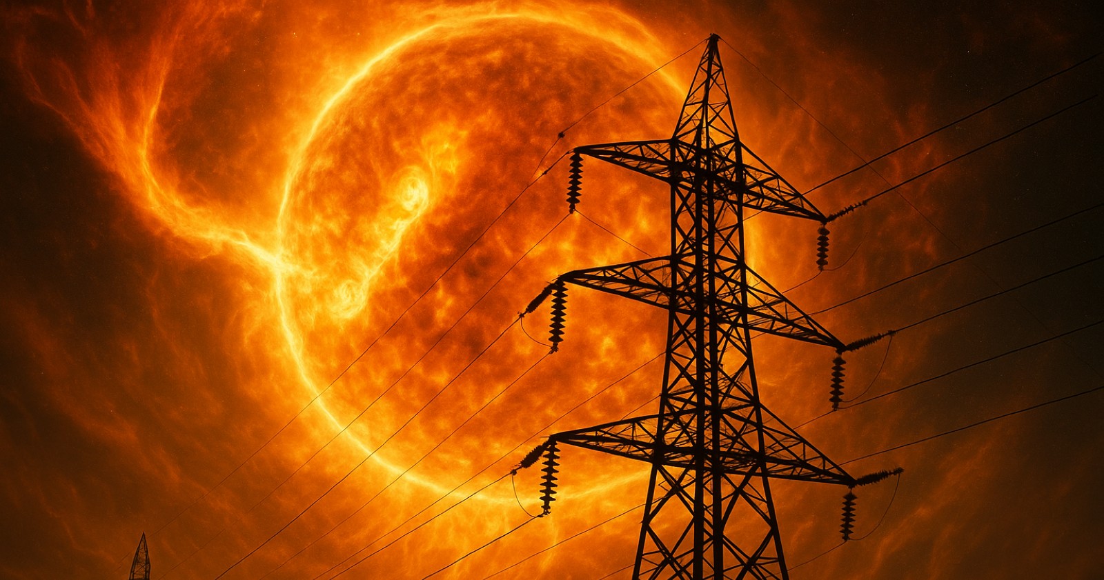 onnensturm mit riesiger Plasmawolke hinter einem Hochspannungsmast – Symbolbild für die Gefahr von Stromausfällen durch solare Eruptionen.
