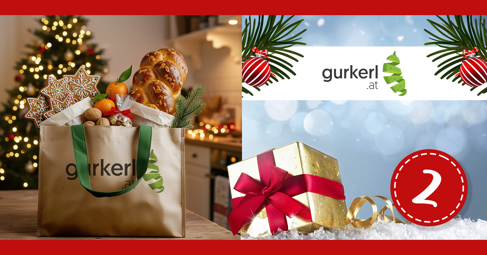 Einkaufstasche von Gurkerl vor weihnachtlicher Kulisse | Credit: Gurkerl