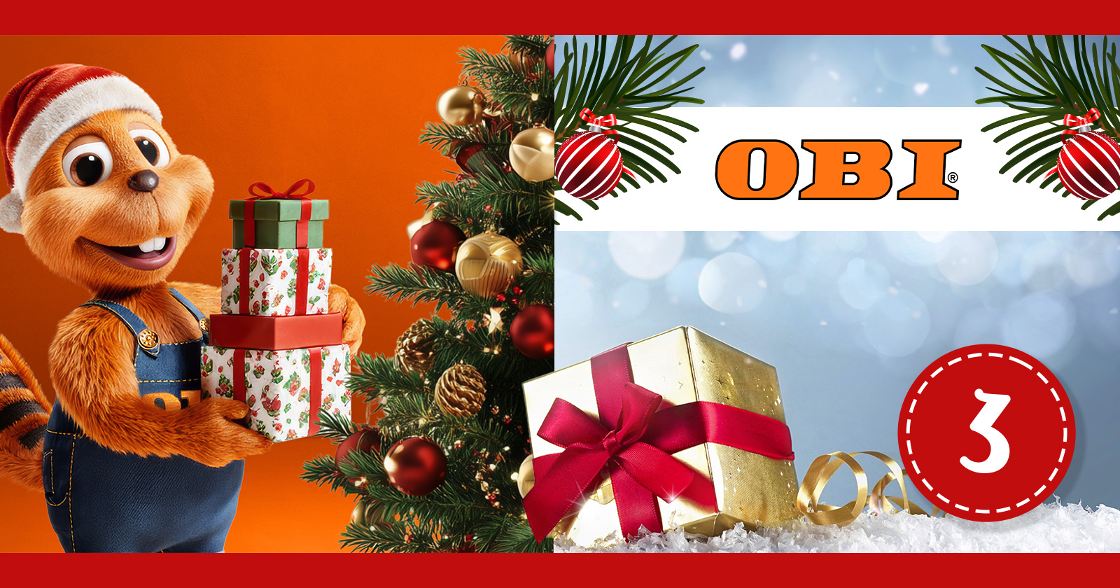 Maskottchen von OBI mit Geschenken in der Hand | Credit: OBI