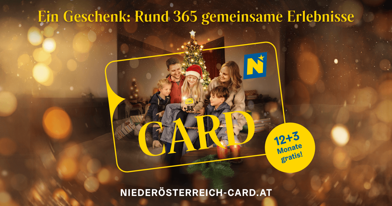 Glückliche Familie mit Kindern zu Weihnachten | Credit: Niederösterreich-CARD