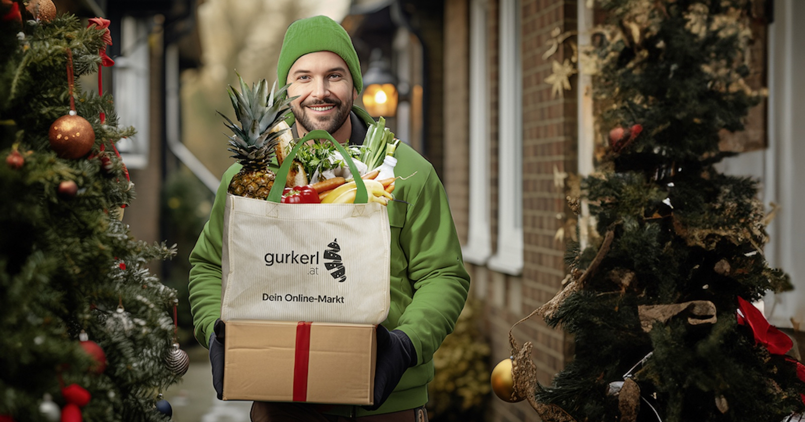 Vor weihnachtlicher Kulisse stellt ein Mann eine Lieferung zu | Credit: Gurkerl.at