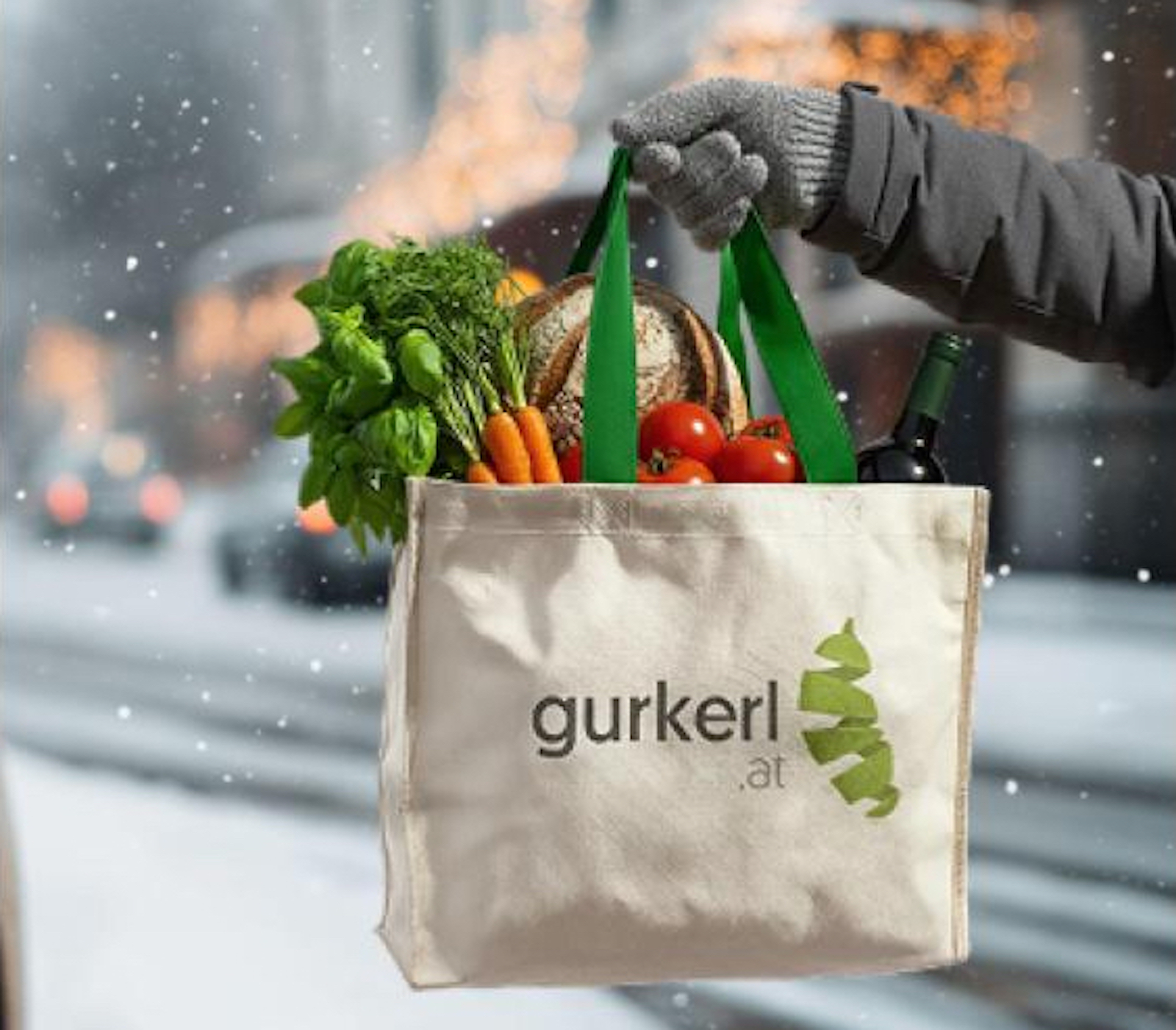 Prall gefüllte Einkaufstasche vor winterlicher Kulisse | Credit: Gurkerl.at
