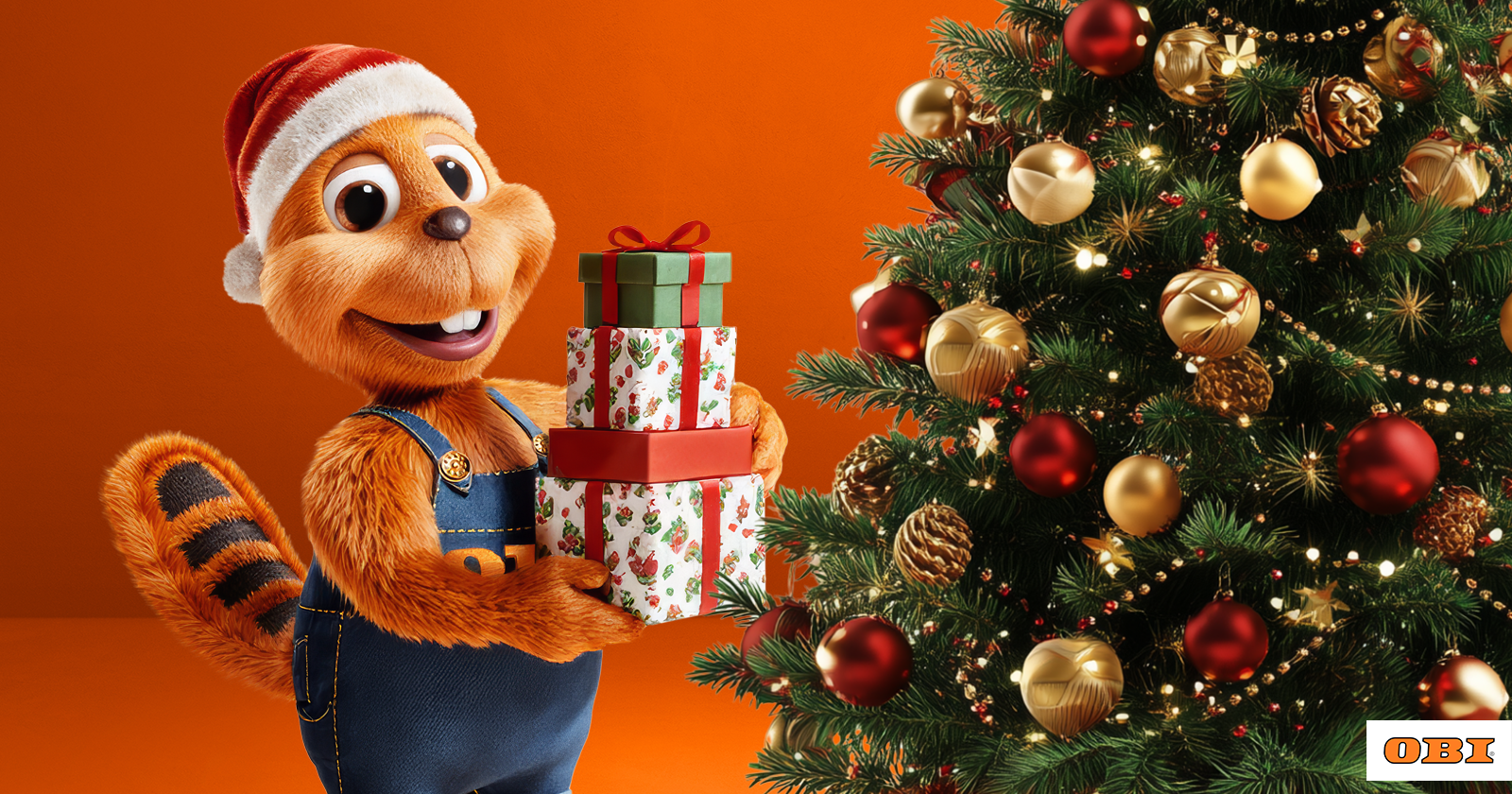 Maskottchen von OBI vor dem Weihnachtsbaum | Credit: OBI