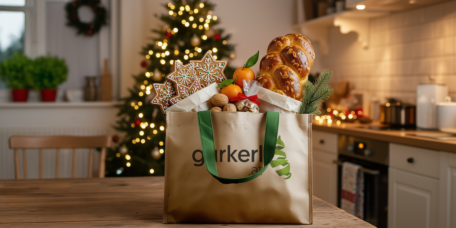 Prall gefüllte Einkaufstasche vor weihnachtlich geschmückter Küche | Credit: Gurkerl.at