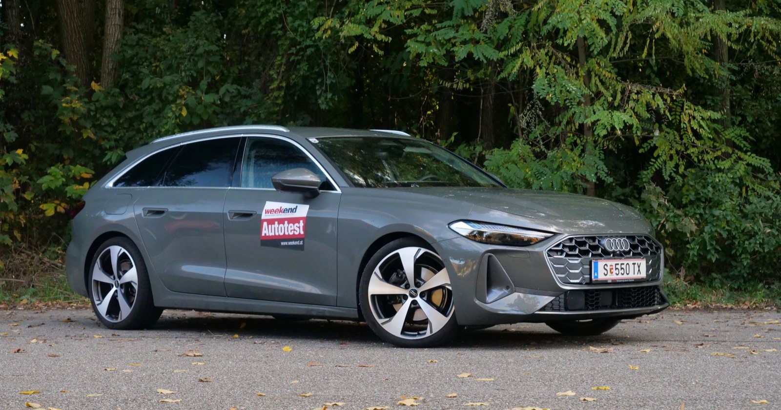 Ein grauer Audi A5 parkt vor einem Laubwald. Es ist Herbst, darauf deuten einige verfärbte Blätter hin.