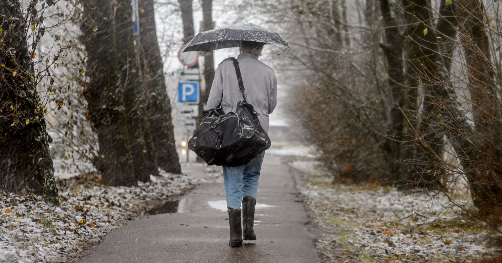 Mann unter einem Regenschirm geht an einem Wintertag durch einen verschneiten Park