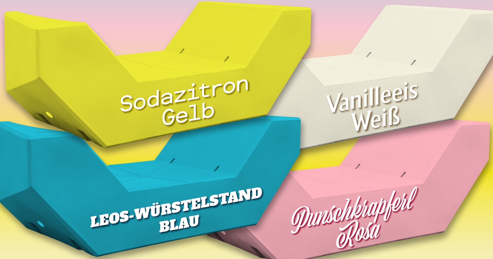 Vier Enzi-Möbel in den vier verschiedenen Farben: gelb, weiß, rosa und blau