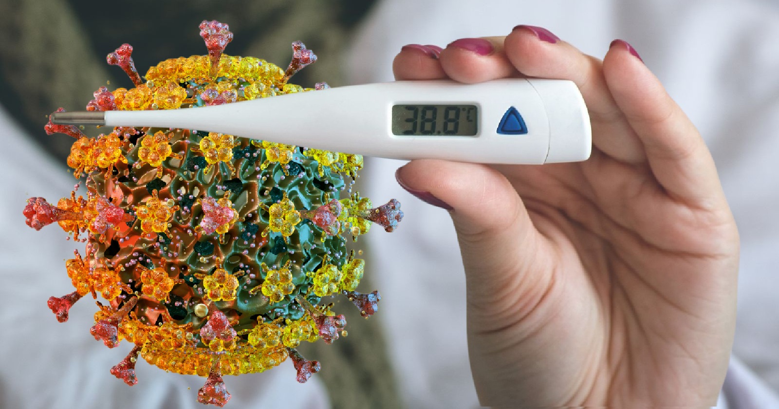 Nahaufnahme eines Fieberthermometers mit 38,8 °C neben einer grafischen Darstellung eines Influenza-Virus – steht für Grippewelle und steigende Erkrankungszahlen in Österreich.