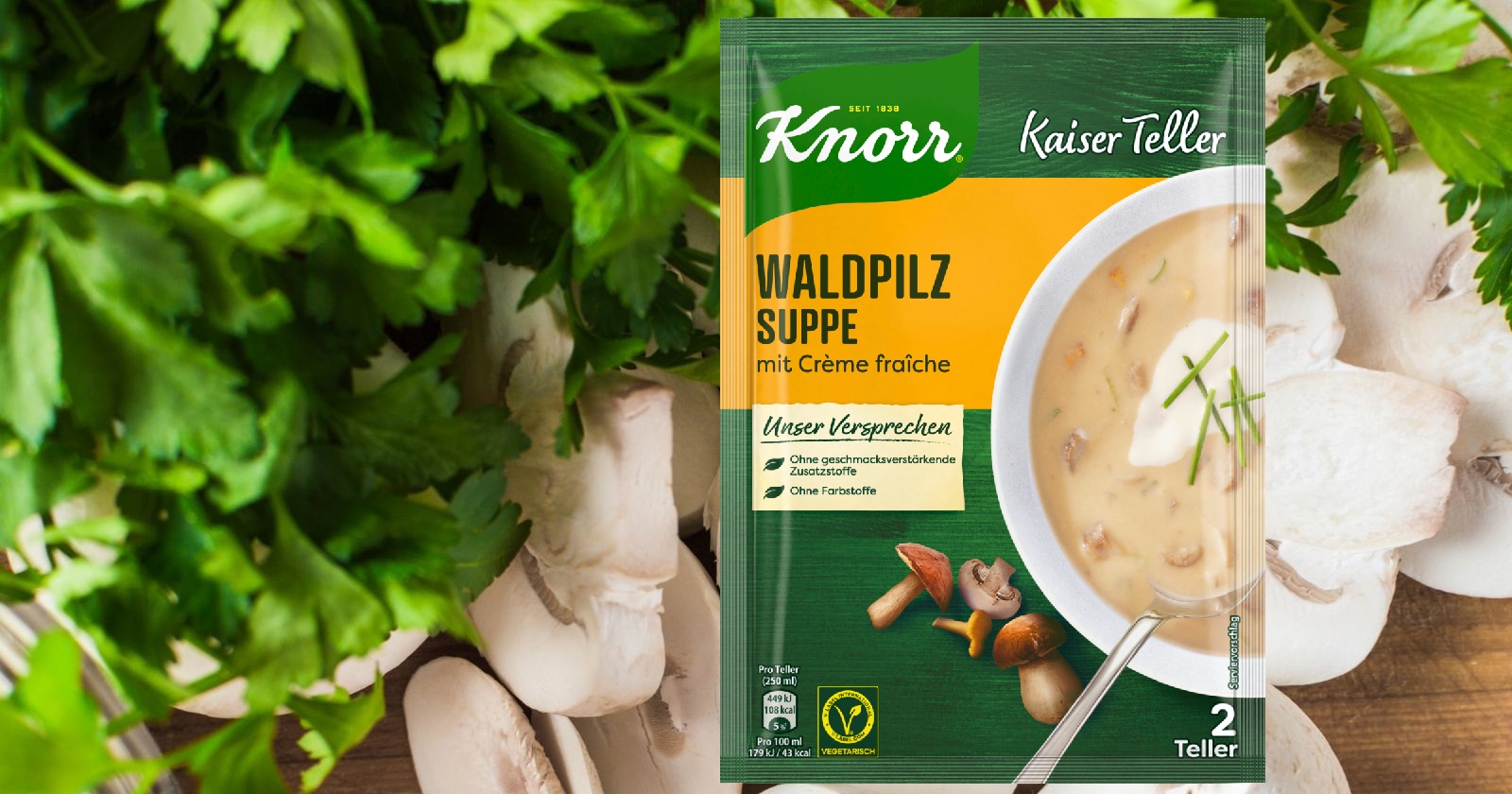 Rückruf bei Knorr: Verpackung der Knorr Kaiser Teller Waldpilz Suppe mit Crème fraîche, betroffen vom Produktrückruf wegen möglicher Metall- und Gummiteile.