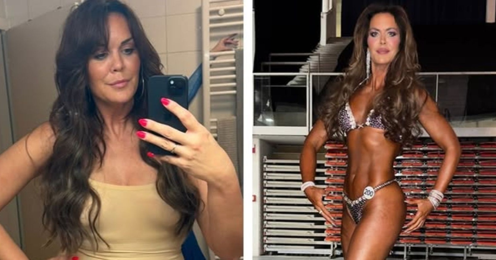 Martina Reuter vor und nach ihrer Transformation – links als Moderatorin, rechts bei ihrer Bodybuilding-Premiere in Linz im Glitzerbikini.