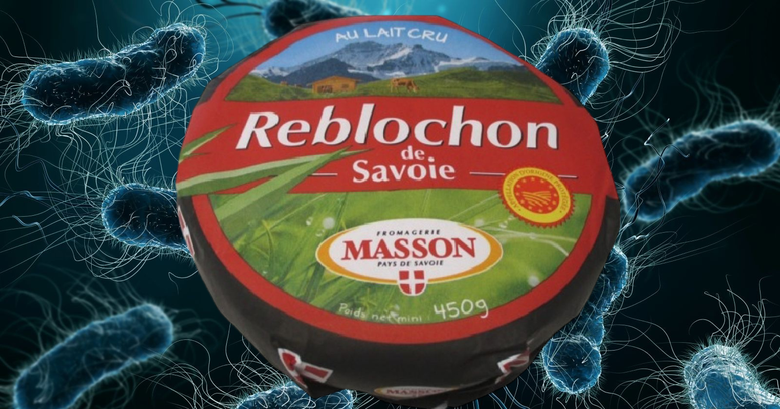 Foto des von E-Coli-Bakterien Käse-Produktes vor einer Horde aus E-Coli-Bakterien