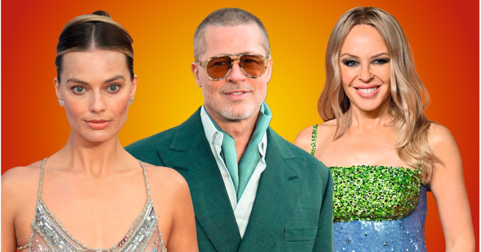 Margot Robbie, Brad Pitt und Kylie Minogue in eleganter Kleidung vor orangegelben Hintergrund.