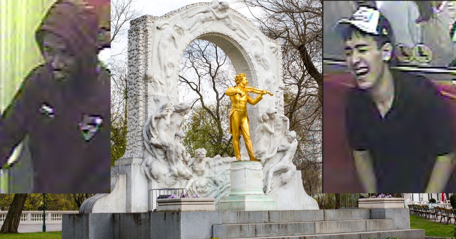 Fahndungsfoto der zwei mutmaßlichen Täter zwischen der Johann Strauss Statue