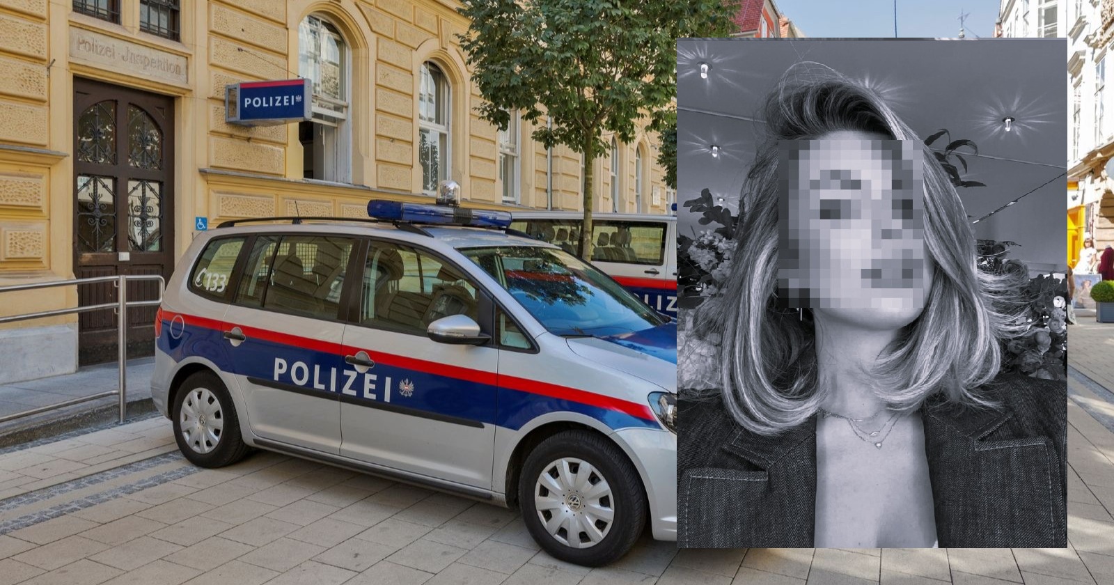 Fotomontage aus einem österreichischen Polizeifahrzeug vor einer Dienststelle und einem verpixelten Porträt der getöteten Grazerin Stefanie P.