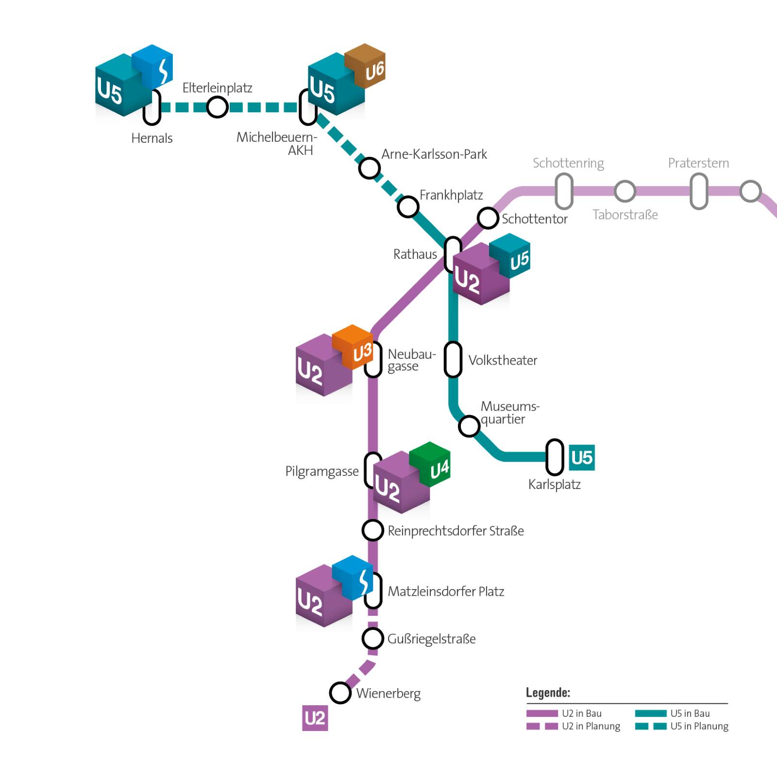 Netzplan der geplanten Linienführung zwischen U2 und der neu gebauten U5