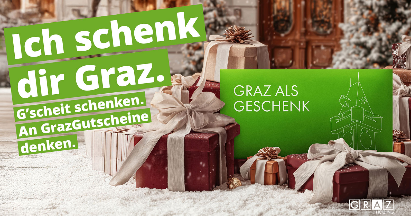 Weihnachtspakete vor verschneitem Häuschen | Credit: achtzigzehn - generiert mit Midjourney