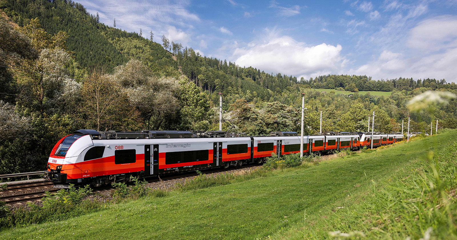 Zug fährt durch grüne Landschaft | Credit: ÖBB/Harald Eisenberger