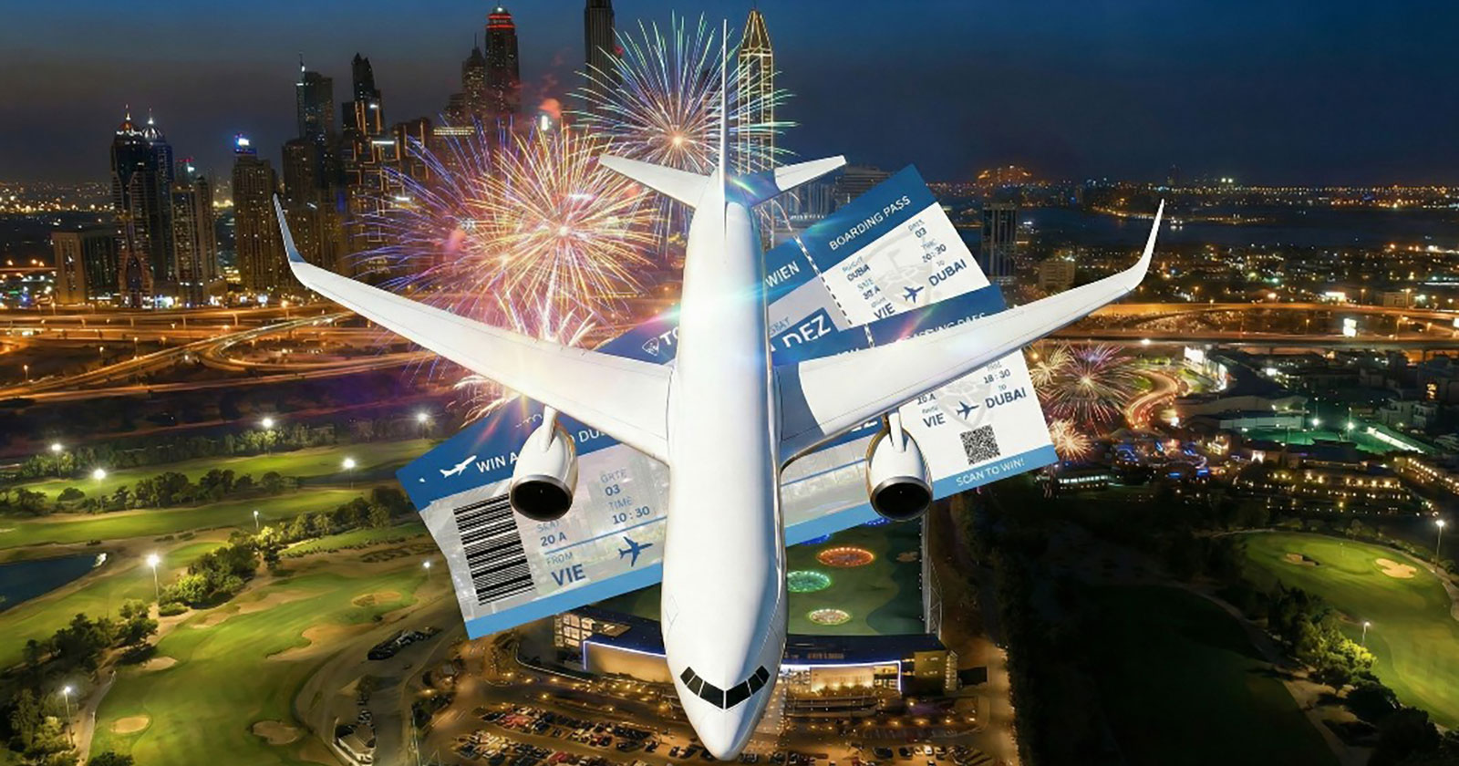 Gestaltete Grafik mit Flugzeug und Tickets über Dubai | Credit: Topgolf Wien