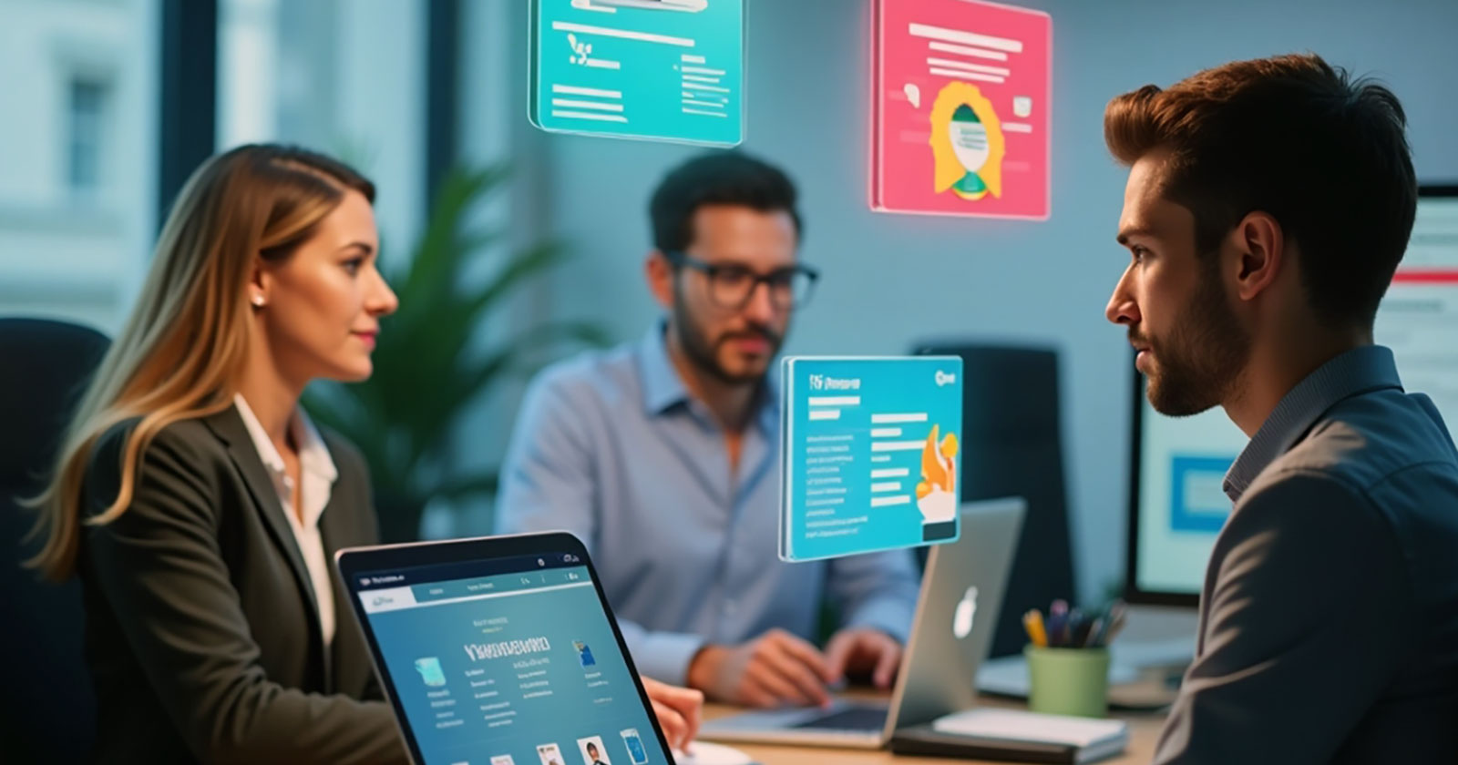 Frau und Männer beim gemeinsamen Arbeiten im Office | Credit: Trainingday