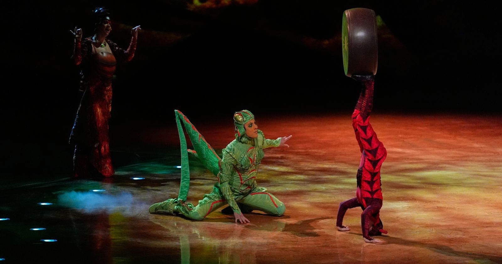 Cirque du Soleil-Akrobaten in Insektenkostümen auf der Bühne.