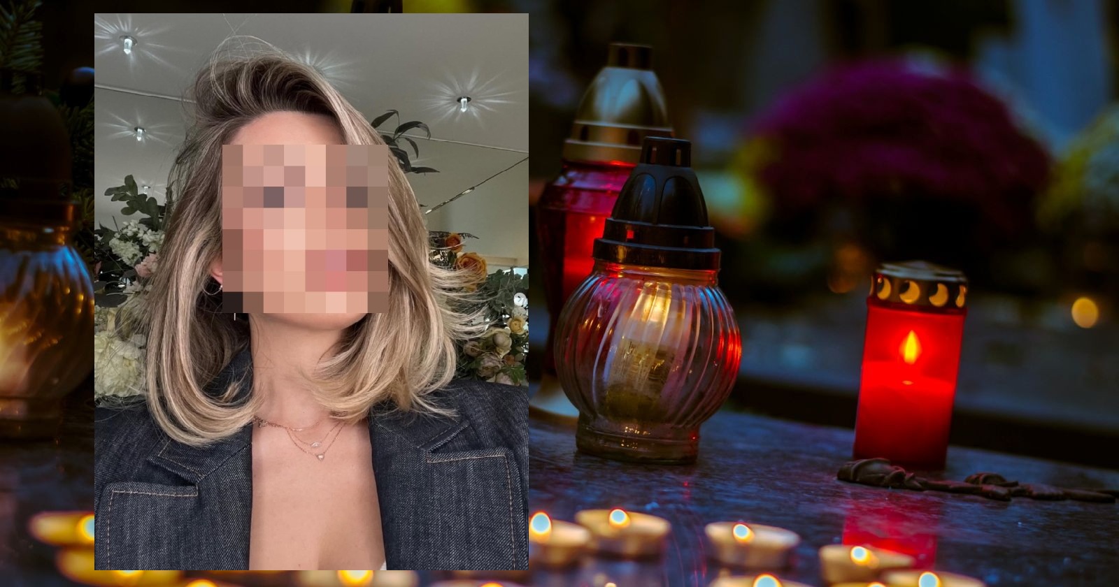 Porträtfoto der getöteten Influencerin Stefanie P. mit verpixeltem Gesicht; daneben brennende Grablichter und Kerzen als Symbol der Anteilnahme.