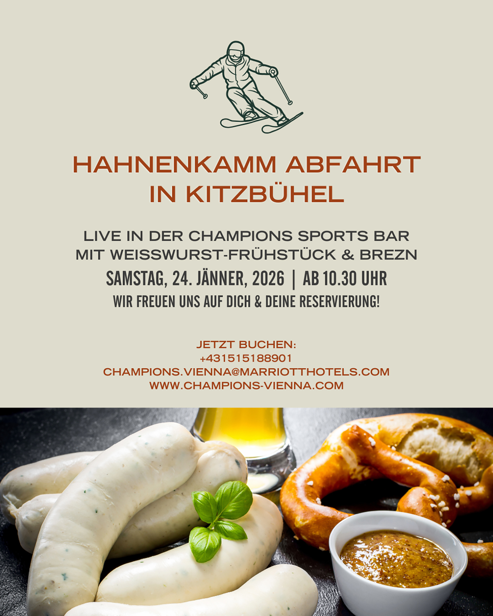 Ankünder zur Hahnenkamm Abfahrt in der Champions Sports Bar | Credit: Vienna Marriott Hotel