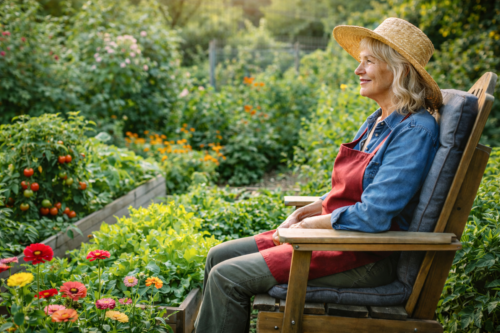 Seniorin sitzt entspannt im Garten | Credit: Trainingday