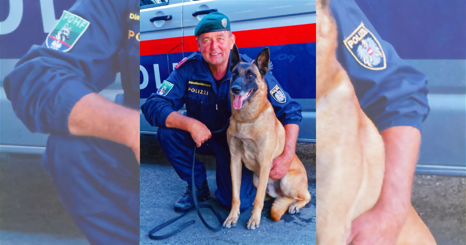 Rettungshund Max mit seinem Hundeführer vor einem Wagen der österreichischen Polizei