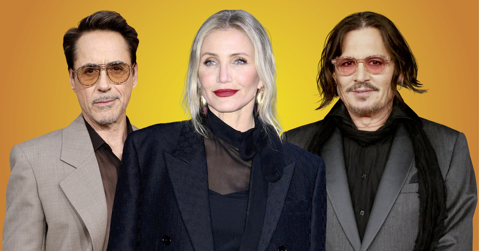 Robert Downey Jr., Cameron Diaz und Johnny Depp vor gelb-orangefarbenem Hintergrund.