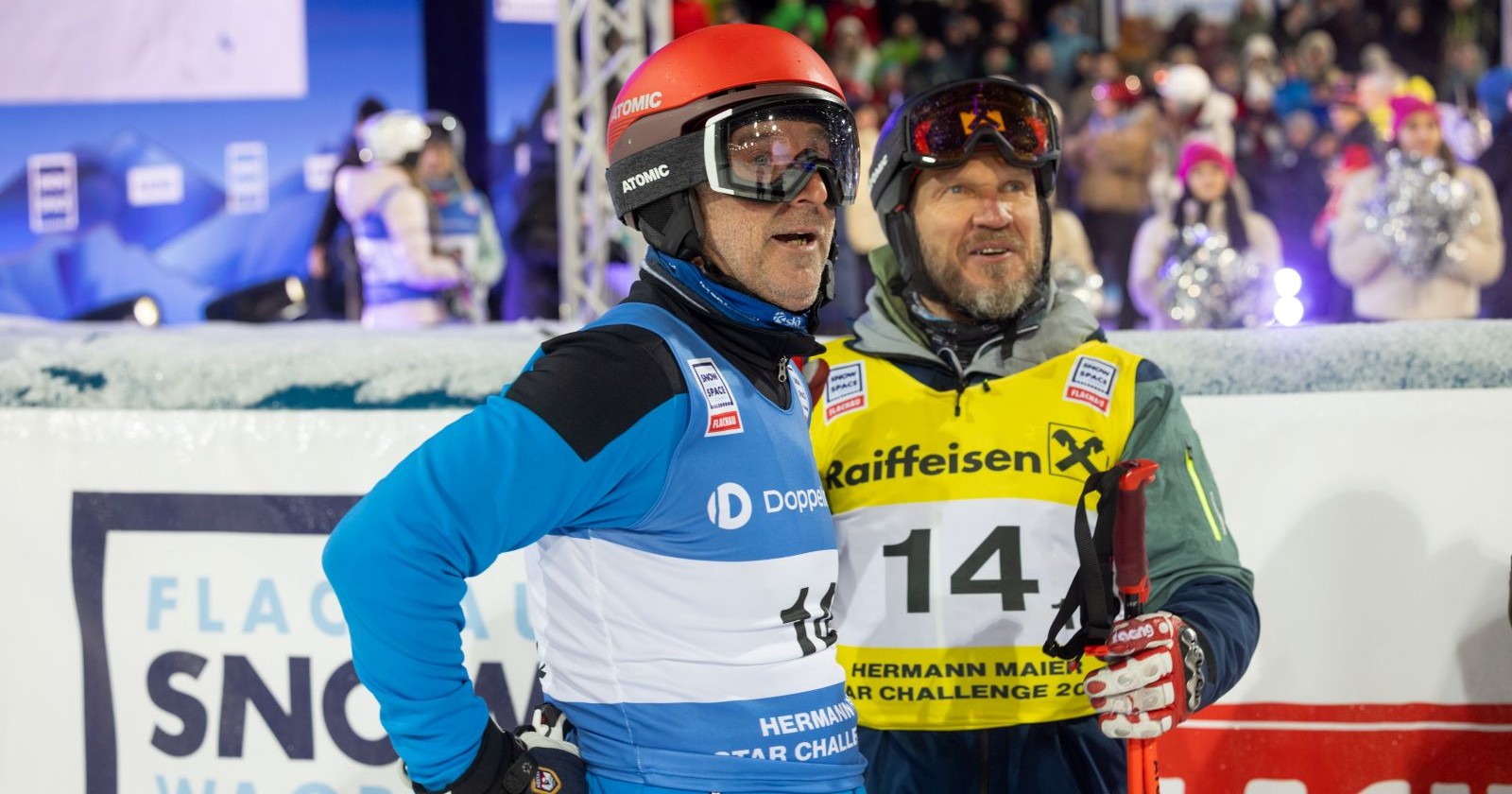 Hermann Maier und Carlo Janka im Zielraum der Skipiste in Flachau, während der Hermann Maier Star Challenge 2026