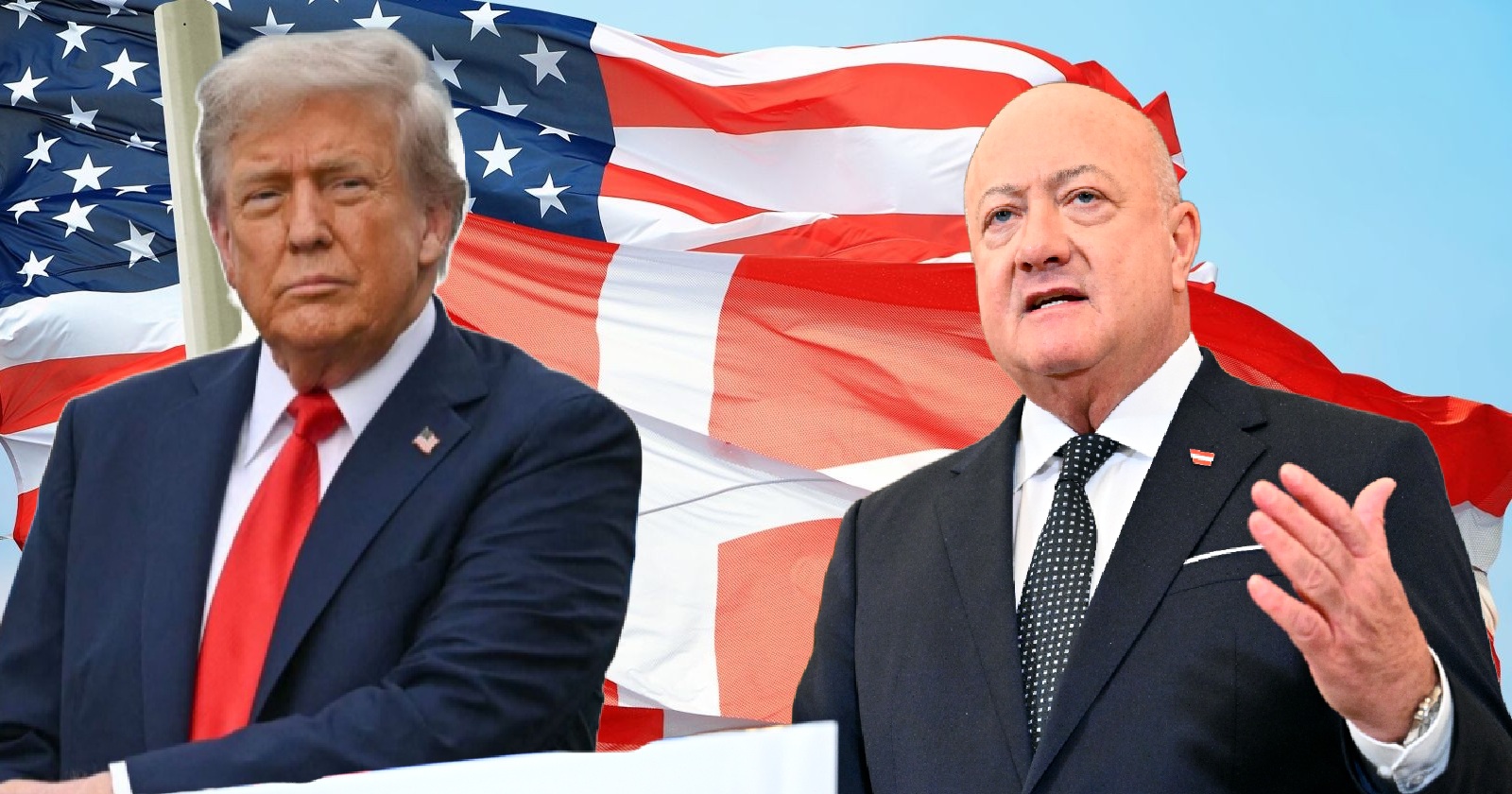 Donald Trump und Christian Stocker vor den Flaggen der USA und Dänemarks – Symbolbild zum politischen Streit um Grönland und drohende US-Strafzölle.