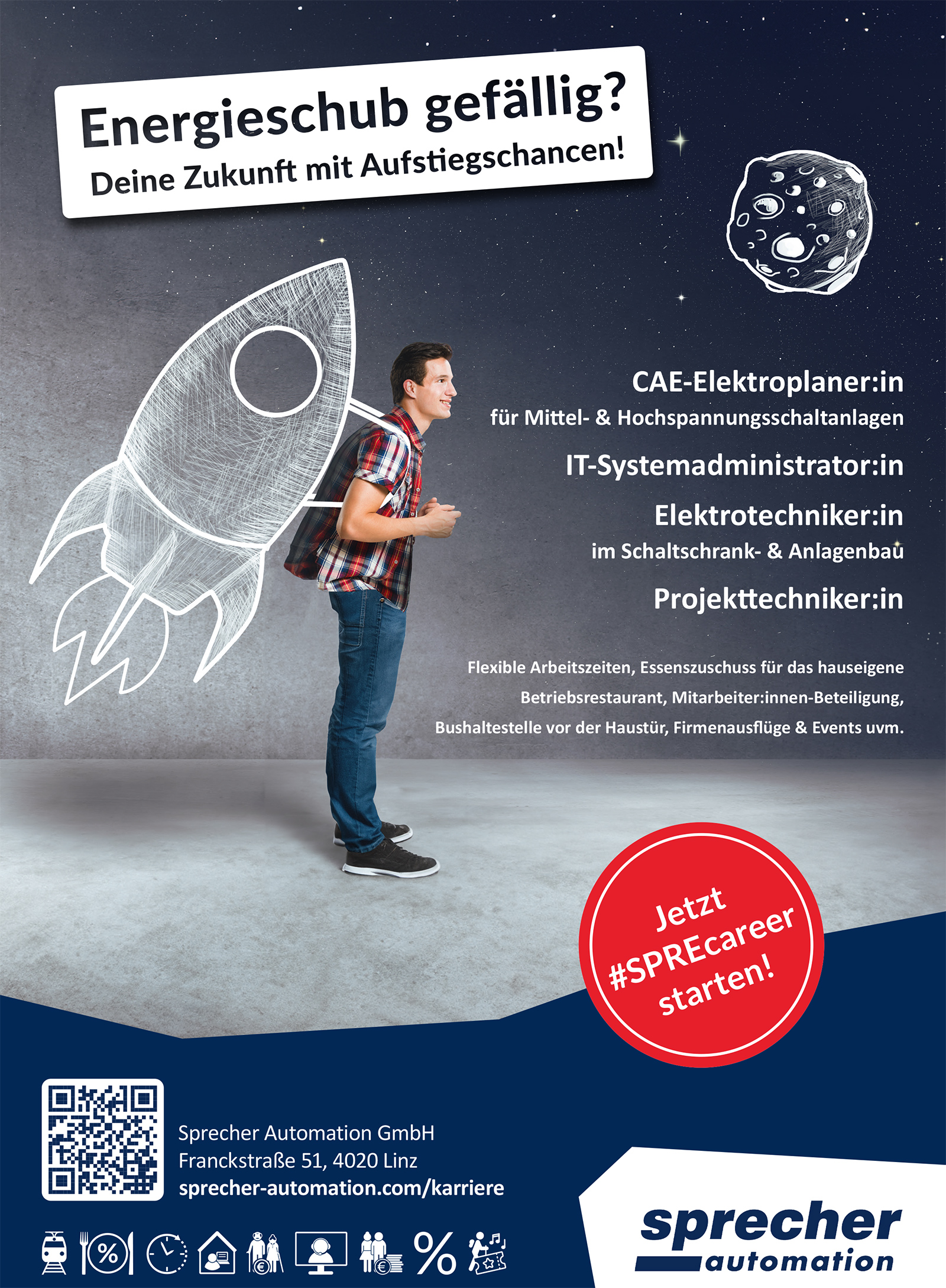 Junger Mann mit gezeichnetem Düsenantrieb auf dem Rücken | Credit: Sprecher Automation