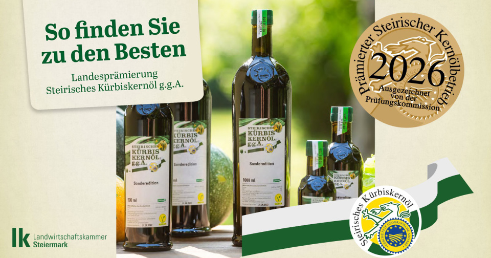 Auswahl steirischer Kürbiskernöle | Credit: Steirisches Küribiskernöl g.g.A.
