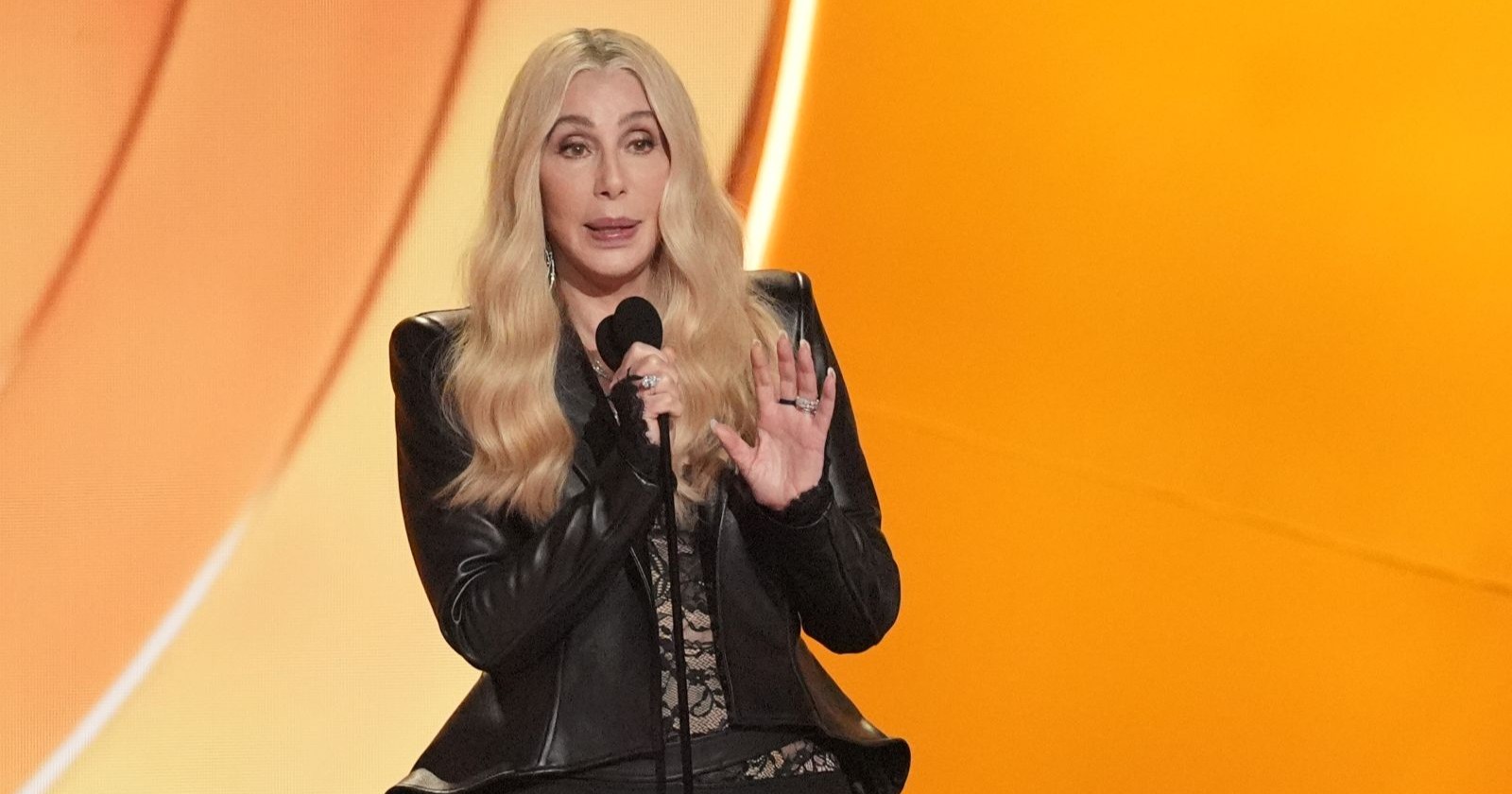 Cher spricht in ein Mikrophon/ Cher hat sich ein Fauxpas bei den Grammys 2026 geleistet
