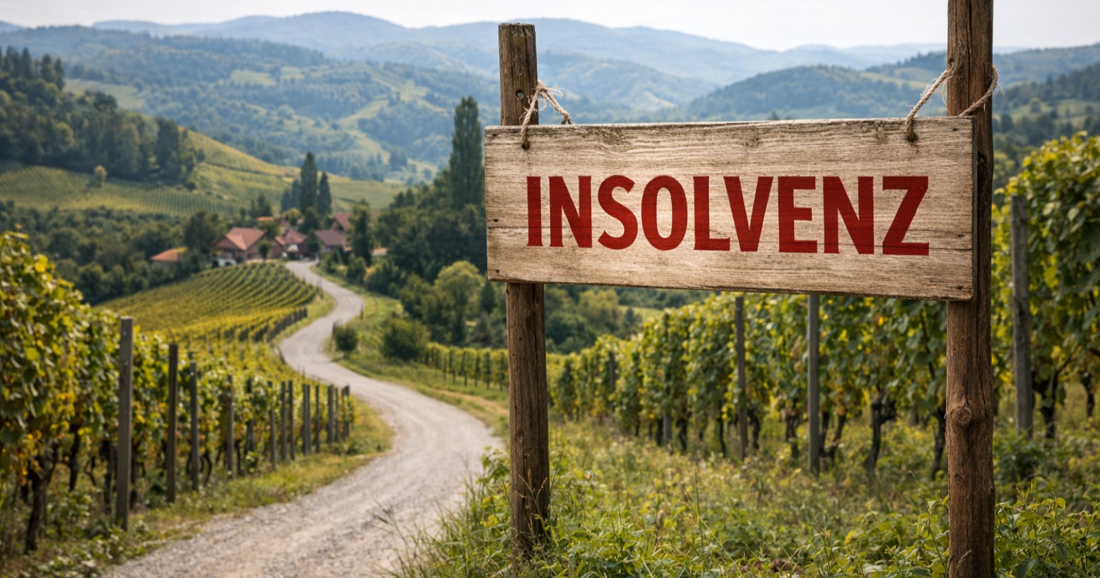 Südsteirischer Weinberg mit Holzschild „Insolvenz“ – Symbolfoto zur Insolvenz und zum Konkursverfahren der Domaines Kilger GmbH &amp; Co KG in Gamlitz, Steiermark.