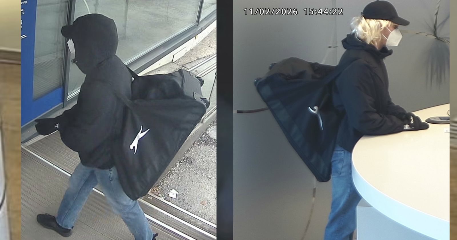Überwachungskamera-Bild des Täters beim Banküberfall in Graz Andritz mit blonder Perücke und FFP2-Maske