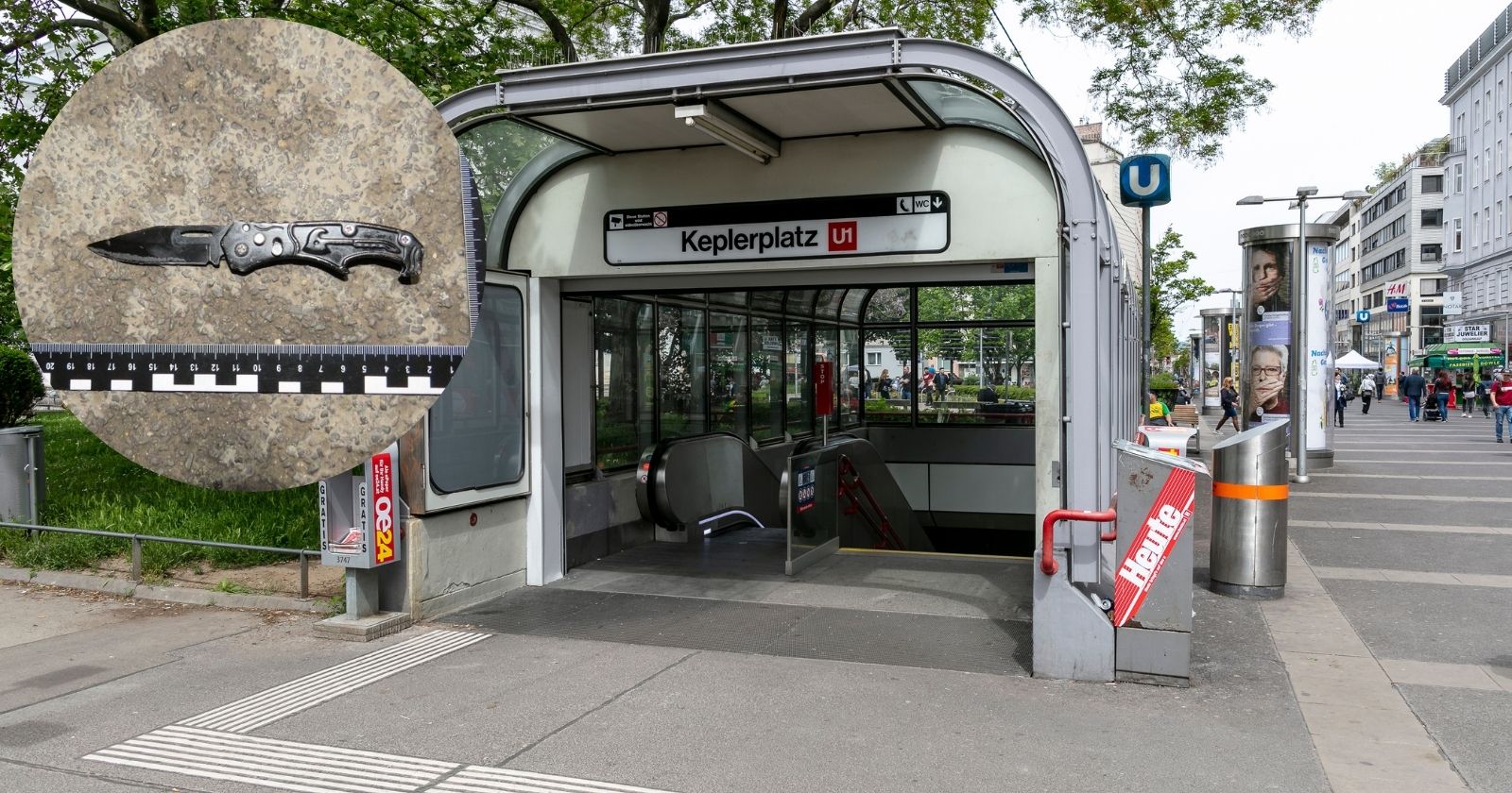 Ansicht des Keplerplatz in Wien-Favoriten und der Tatwaffe