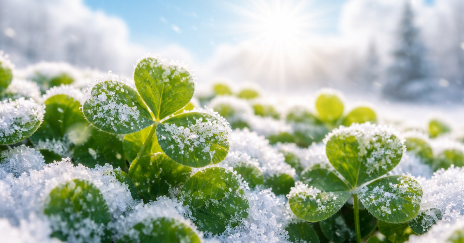 Nahaufnahme von vereistem Klee im Sonnenschein – Symbol für die Bauernregel zu Mariä Lichtmess, die besagt: „Lichtmess im Klee, Ostern im Schnee.“