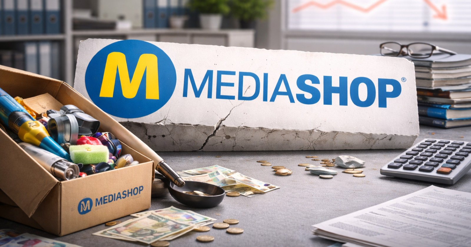 Mediashop-Logo auf gesprungener Tafel neben Karton mit Produkten, Geldscheinen und Taschenrechner – Symbol für die Insolvenz und finanzielle Probleme des Unternehmens.