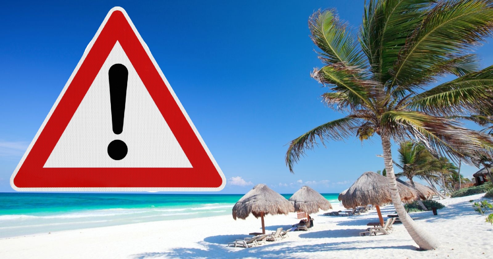 Warnschild mit Ausrufezeichen am Strand von Mexiko – Symbolbild für aktuelle Reisewarnungen und Sicherheitswarnung nach Unruhen im Land.