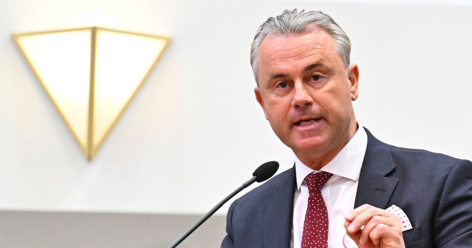 Norbert Hofer spricht am Rednerpult in einem Saal, trägt dunklen Anzug und rote Krawatte mit weißen Punkten.