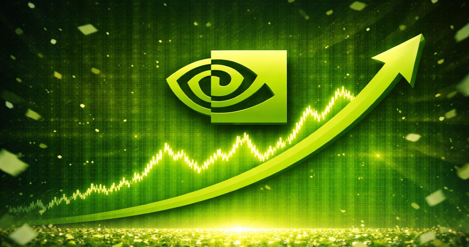 Grafik mit Nvidia-Logo und stark steigender Kurskurve als Symbol für den Rekordumsatz und den Höhenflug der Nvidia-Aktie im Zuge des KI-Booms.