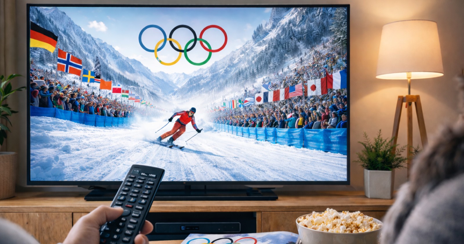 Olympische Winterspiele Programm 2026 live im TV: Zuschauer sieht Skirennen mit internationalen Fahnen und Publikum während der Winterspiele in Mailand und Cortina.