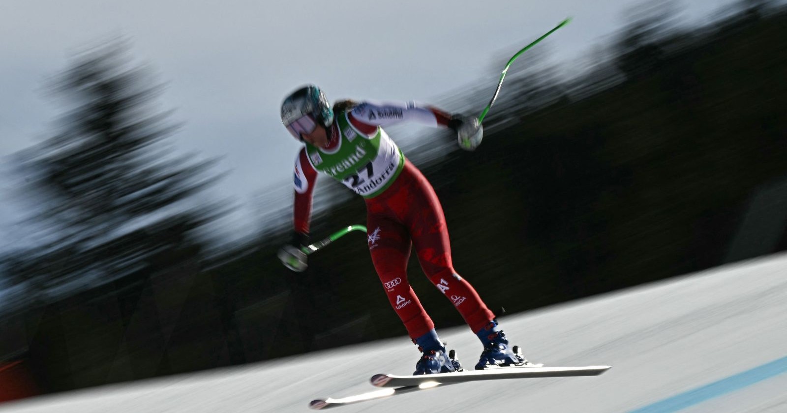 Ricarda Haaser während der Abfahrt von Soldeu, im Super-G am gleichen Ort ist sie schwer gestürzt