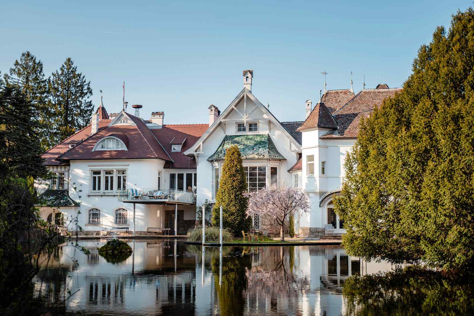 Schloss Schönau in Niederösterreich mit weißer Fassade, roten Ziegeldächern und spiegelndem Teich im Vordergrund, umgeben von altem Baumbestand.